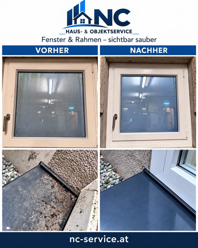Vorher-Nachher-Vergleich der Reinigung von Fenstern, Rahmen und Fensterbänken durch NC Haus & Objektservice.